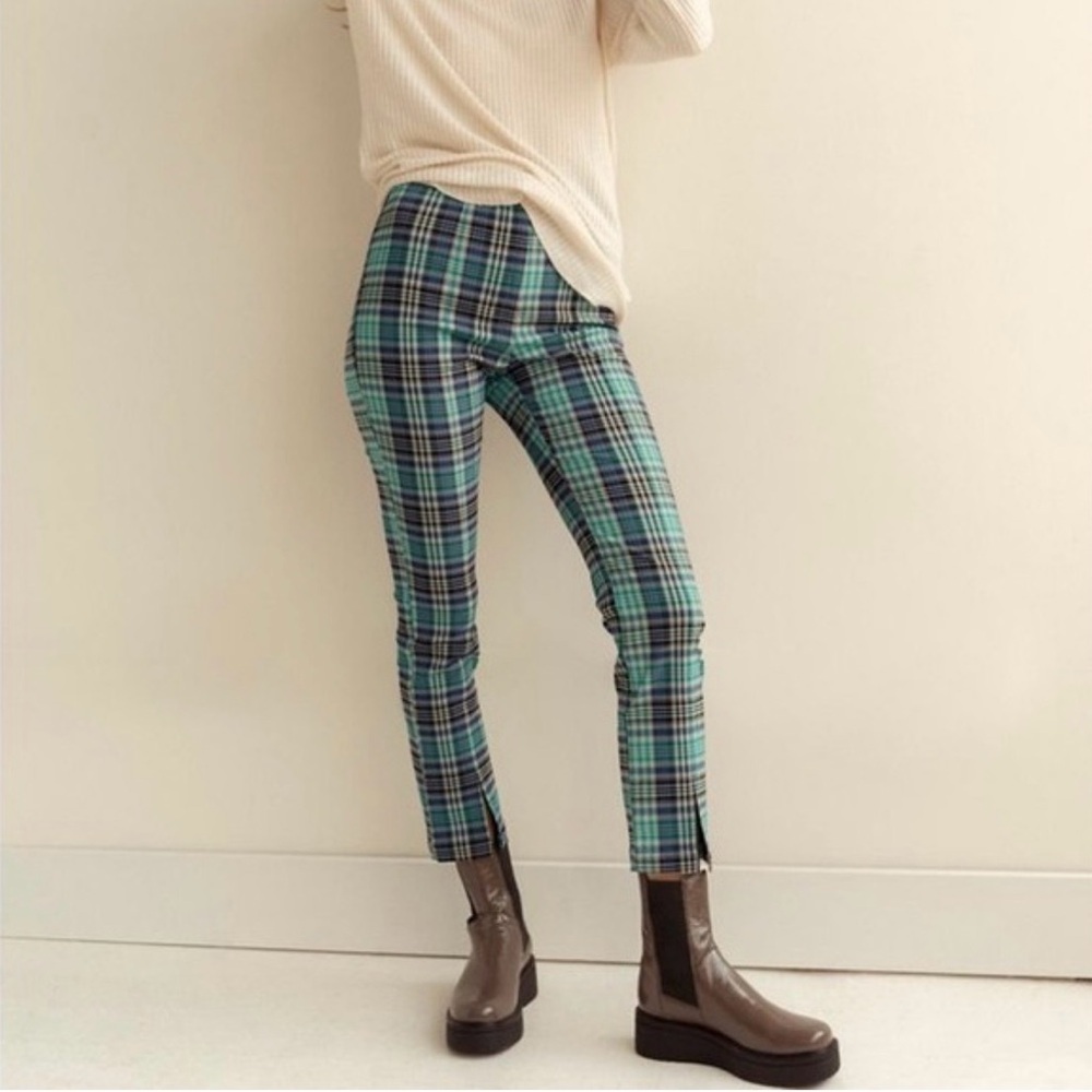 UO Blue & Green Tessa Plaid Notched Cropped High-Waisted Pant size 2
